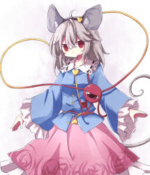 Rule 34 | 1girl, animal ears, bad id, bad pixiv id, cosplay, female focus, fuuen (akagaminanoka), grey hair, hairband, heart, komeiji satori, komeiji satori (cosplay), long sleeves, looking at viewer, mouse ears, mouse tail, nazrin, open mouth, outstretched arms, red eyes, shirt, skirt, solo, tail, third eye, touhou, wide sleeves