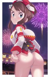 Rule 34 | 1girl, ass, bare legs, border, bow hairband, brown hair, closed mouth, commentary request, creatures (company), eyelashes, fireworks, frown, fundoshi, game freak, gazing eye, gen 1 pokemon, green eyes, hairband, highres, hilda (pokemon), hilda (summer 2022) (pokemon), jacket, japanese clothes, looking at viewer, looking back, night, nintendo, official alternate costume, outdoors, pikachu, poke ball print, pokemon, pokemon masters ex, shiny skin, sidelocks, skindentation, sky, solo, themed object, thong, white border, white jacket, wide hips