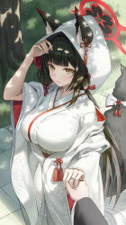 Rule 34 | 1girl, 1other, alternate costume, animal ears, black hair, blue archive, breasts, bride, commentary request, fox ears, halo, highres, holding, hood, hooded kimono, japanese clothes, jewelry, kimono, large breasts, long hair, looking at viewer, ring, slime nyang, smile, solo, uchikake, wakamo (blue archive), wedding, wedding ring, white hood, white kimono, yellow eyes