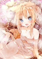 Rule 34 | 1girl, animal ears, bare shoulders, barefoot, blue eyes, blush, breasts, brown hair, cherry blossoms, dog ears, dog girl, dog tail, fang, feet, flower, hair bun, highres, long hair, looking at viewer, moco ofuton, naked towel, onsen, open mouth, original, partially submerged, single hair bun, sitting, small breasts, smile, solo, tail, thighs, towel, water