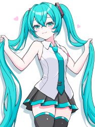 Rule 34 | 1girl, aqua eyes, aqua hair, aqua necktie, bare shoulders, black skirt, black thighhighs, collared shirt, crossed bangs, dot nose, furrowed brow, hair between eyes, hair intakes, hair ornament, hatsune miku, heart, highres, long hair, looking at viewer, necktie, outstretched arms, playing with own hair, pleated skirt, shadow, shirt, shoulder tattoo, sidelocks, simple background, skirt, sleeveless, sleeveless shirt, smile, tattoo, thighhighs, tie clip, twintails, uzuki sena, very long hair, vocaloid, white background, white shirt