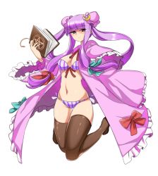 Rule 34 | 1girl, bad id, bad pixiv id, book, bow, bra, brown thighhighs, crescent, crescent hair ornament, female focus, hair bow, hair ornament, long hair, long sleeves, panties, patchouli knowledge, purple eyes, purple hair, solo, thighhighs, touhou, underwear, wadani hitonori