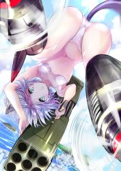 Rule 34 | 1girl, :o, animal ears, ass, bra, breasts, cat ears, cat tail, day, green eyes, highres, holding, navel, ogata tei, outdoors, panties, rocket launcher, sanya v. litvyak, silver hair, small breasts, solo, strike witches, tail, underwear, underwear only, upside-down, weapon, white bra, white panties, world witches series