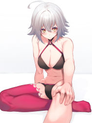 Rule 34 | 1girl, ahoge, bare shoulders, bikini, black bikini, black choker, blush, breasts, choker, cleavage, closed mouth, collarbone, fate/grand order, fate (series), highres, jeanne d&#039;arc alter (swimsuit berserker) (fate), jeanne d&#039;arc (fate), jeanne d&#039;arc alter (fate), jeanne d&#039;arc alter (swimsuit berserker) (fate), large breasts, looking at viewer, mikan (chipstar182), navel, o-ring, o-ring bikini, red thighhighs, silver hair, simple background, single thighhigh, sitting, swimsuit, thighhighs, thighs, white background, yellow eyes