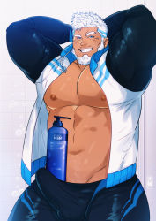 Rule 34 | 1boy, abs, absurdres, aegir (housamo), alternate costume, arms behind head, bara, beard, blue eyes, blush, bulge, daisukebear, erection, erection under clothes, facial hair, highres, large pectorals, male focus, manly, muscular, nipples, object on bulge, pectorals, shampoo, shampoo bottle, shampoo challenge, short hair, solo, thick eyebrows, thick thighs, thighs, tokyo houkago summoners, toned, toned male, underwear, upper body