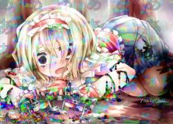 Rule 34 | 1girl, alice margatroid, blonde hair, blue dress, capelet, collared capelet, dress, frilled hairband, frills, glitch, hair between eyes, hair over eyes, hairband, lying, messy hair, necktie, on ground, open mouth, red hairband, shoegaze, short hair, short sleeves, tears, touhou, white capelet