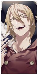 Rule 34 | 1boy, blonde hair, dr. stone, hair between eyes, hat, highres, male focus, medium hair, nanami ryuusui, open mouth, pirate hat, red tunic, smile, solo, syubare, yellow eyes
