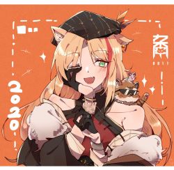 Rule 34 | 1girl, animal ears, arknights, beret, bracelet, fang, fur trim, gloves, green eyes, half gloves, hat, highres, jewelry, kyou 039, long hair, mouse on head, multicolored hair, off-shoulder jacket, off shoulder, official alternate costume, one eye closed, orange background, solo, streaked hair, sunglasses, swire (arknights), swire (honor and splendor) (arknights), tiger, tiger cub