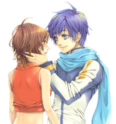 Rule 34 | 1boy, 1girl, blue eyes, blue hair, blue nails, blue scarf, brown eyes, brown hair, eye contact, himekawa donki, kaito (vocaloid), looking at another, meiko (vocaloid), nail polish, scarf, short hair, simple background, smile, tears, vocaloid, white background