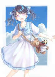 Rule 34 | 1girl, absurdres, animal bag, apron, bare arms, bear, bear bag, black hair, blue bow, blue sky, border, bow, check commentary, cloud, commentary request, day, dress, earrings, feet out of frame, frilled sleeves, frills, fukumaru koito, hair bow, heart, highres, idolmaster, idolmaster shiny colors, jewelry, open mouth, plaid, puffy short sleeves, puffy sleeves, purple eyes, short sleeves, short twintails, sky, solo, tassel, tassel earrings, tsugaru (enoken), twintails, white border, white dress
