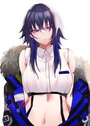 Rule 34 | 1girl, absurdres, black hair, black jacket, blouse, blue hair, breasts, closed mouth, collared shirt, commentary request, crop top, dress shirt, fur-trimmed jacket, fur trim, hair between eyes, highres, ichinose uruha, jacket, long hair, long sleeves, lupinus virtual games, medium breasts, multicolored hair, navel, off shoulder, open clothes, open jacket, puffy long sleeves, puffy sleeves, purple eyes, shirt, simple background, sleeveless, sleeveless shirt, solo, streaked hair, virtual youtuber, vspo!, white background, white shirt, yuki maccha (yukimattya10)