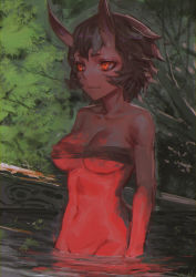 Rule 34 | 1girl, bad id, bad pixiv id, bare shoulders, breasts, brown hair, budget sarashi, bush, cleavage, closed mouth, collarbone, colored skin, fang, fang out, groin, horns, large breasts, navel, oni, oni horns, original, outdoors, red eyes, red skin, river, sarashi, short hair, smile, solo, standing, wading, water, zakusi