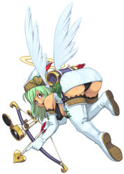 Rule 34 | 1girl, archery, arrow (projectile), ass, bent over, black bra, black panties, boots, bow, bow (weapon), bra, breasts, cupid, dress, elbow gloves, flying, from behind, gloves, green eyes, green hair, halo, hanging breasts, hat, heart, heart arrow, lace, lace-trimmed legwear, lace-trimmed panties, lace trim, lingerie, long hair, looking back, maruta kentarou, matching hair/eyes, open mouth, panties, pantyshot, quiver, scope, short dress, simple background, skirt, solo, thigh boots, thighhighs, underboob, underwear, weapon, white background, white dress, white skirt, white thighhighs, wings