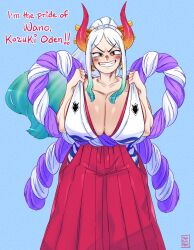 Rule 34 | 1girl, absurdres, adjusting clothes, blush, breasts, brown eyes, cleavage, collarbone, cowboy shot, earrings, gradient hair, green hair, grin, highres, hoop earrings, horns, huge breasts, japanese clothes, jewelry, long hair, looking at viewer, multicolored hair, nyxondyx, one piece, ponytail, red skirt, sideboob, skirt, sleeveless, smile, smug, solo, standing, text focus, two-tone hair, white hair, yamato (one piece)