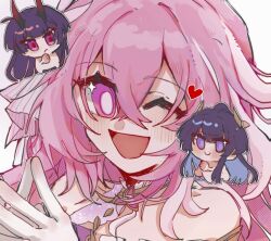 Rule 34 | 2girls, :d, bare shoulders, bilizinger, blue pupils, blush, bridal veil, chibi, chibi inset, chinese commentary, colored inner hair, commentary request, crossed bangs, elysia (herrscher of human: ego) (honkai impact), elysia (honkai impact), gloves, hair between eyes, hair ornament, hand up, heart, honkai (series), honkai impact 3rd, horns, long hair, long horns, looking at another, looking at viewer, multicolored hair, multiple girls, one eye closed, open mouth, pink hair, portrait, purple eyes, purple hair, raiden mei, raiden mei (herrscher of origin), raiden mei (herrscher of thunder), red horns, red pupils, smile, sparkling eyes, streaked hair, veil, white gloves, white veil