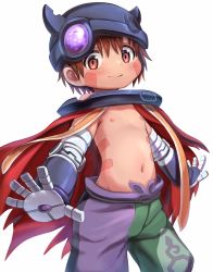 Rule 34 | 1boy, aq gohan, child, commentary request, dark-skinned male, dark skin, headgear, highres, made in abyss, male focus, mechanical parts, regu (made in abyss), smile, solo, topless male