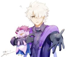Rule 34 | 1boy, ?, ahoge, armor, cosplay, fate/grand order, fate (series), galahad (fate), gloves, goya (xalbino), hair over one eye, lancelot (fate/grand order), lancelot (fate/grand order) (cosplay), looking at viewer, male focus, open hand, purple armor, purple eyes, purple hair, signature, solo, strangling, stuffed toy, upper body, white background, white hair, yellow eyes
