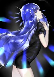 Rule 34 | androgynous, arched back, ass, black background, black nails, black shirt, black shorts, blue eyes, blue hair, blunt bangs, collared shirt, cowboy shot, deras, fingernails, from side, gender request, glint, hand on own chest, houseki no kuni, lapis lazuli (houseki no kuni), long hair, looking at viewer, looking to the side, nail polish, puffy short sleeves, puffy sleeves, shirt, short sleeves, shorts, solo, very long hair