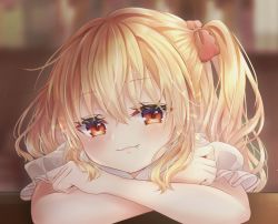 Rule 34 | 1girl, :3, blonde hair, blurry, blurry background, commentary request, crossed arms, curled fingers, depth of field, diffraction spikes, elbows on table, eyelashes, face, fang, fang out, flandre scarlet, hair between eyes, hair ribbon, head tilt, highres, indoors, light blush, looking at viewer, mimi89819132, no headwear, no headwear, no wings, one side up, partial commentary, puffy short sleeves, puffy sleeves, red eyes, ribbon, shirt, short sleeves, smile, solo, table, touhou, white shirt