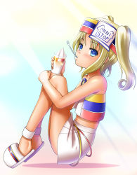 Rule 34 | 1girl, bare shoulders, blonde hair, blue eyes, blush, food, ice cream, legs up, looking at viewer, mini stop, mouth hold, mutsuki hiiro, personification, short hair, sitting, skirt, solo, spoon, tan, twintails