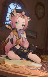 1girl absurdres animal_ear_fluff animal_ears belt black_headwear black_shorts card cat cat_ears cat_girl cat_tail chair child coin detached_sleeves diona_(genshin_impact) forehead genshin_impact gloves green_eyes hat highres indoors navel on_table pink_hair pink_shirt pink_sleeves playing_card shijiuuuuuuu shirt short_hair shorts sitting table tail topknot white_gloves window