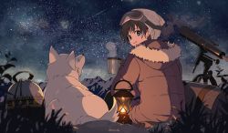 Rule 34 | 1boy, arisa (aren), artist name, beanie, blue eyes, brown coat, brown hair, coat, cup, dog, english text, from behind, fur-trimmed hood, fur trim, goggles, goggles on head, hat, highres, holding, holding cup, hood, hood down, lantern, looking at viewer, looking back, male focus, mug, night, original, outdoors, shooting star, sitting, sky, smile, solo, star (sky), starry sky, steam, telescope