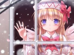 Rule 34 | 1girl, against window, blonde hair, blue eyes, bow, capelet, commentary request, dress, fairy wings, hat, hat bow, highres, lily white, long hair, long sleeves, looking outside, lzh, snowing, solo, touhou, white dress, wide sleeves, window, wings, winter