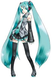 Rule 34 | 1girl, aqua eyes, aqua hair, aqua nails, aqua necktie, bare shoulders, belt, black footwear, black skirt, black sleeves, black thighhighs, boots, breasts, closed mouth, collared shirt, contrapposto, detached sleeves, frilled shirt collar, frills, full body, grey shirt, hair between eyes, hair ornament, hatsune miku, headphones, headset, highres, kei (keigarou), long hair, looking at viewer, miniskirt, nail polish, necktie, number tattoo, official art, pigeon-toed, pleated skirt, shirt, shoulder tattoo, skirt, sleeveless, sleeveless shirt, sleeves past wrists, small breasts, smile, solo, standing, tattoo, thigh boots, thighhighs, transparent background, twintails, very long hair, vocaloid, vocaloid boxart pose, zettai ryouiki