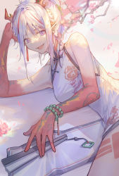 Rule 34 | 1girl, :d, absurdres, arknights, bare arms, bare shoulders, bead bracelet, beads, bracelet, braid, breasts, china dress, chinese clothes, dress, flower, folding fan, hand fan, hand up, highres, horns, jewelry, kotatsu kaya, long hair, looking at viewer, lying, medium breasts, multicolored hair, nian (arknights), nian (unfettered freedom) (arknights), official alternate costume, on side, open mouth, plum blossoms, pointy ears, purple eyes, red hair, silver hair, single braid, sleeveless, sleeveless dress, smile, solo, streaked hair, white dress