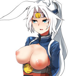 Rule 34 | 1girl, akaoni (zumt3548), animal ears, arms behind back, azur lane, blue eyes, blue jacket, blush, breasts, breasts out, commentary request, eyes visible through hair, headband, highres, hiryuu (azur lane), jacket, jacketlarge breasts, long hair, long sleeves, looking to the side, nipples, open clothes, parted bangs, ponytail, rabbit ears, shiny skin, solo, steam, sweat, sweatdrop, turtleneck, upper body, white background, white hair