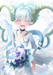 Rule 34 | 1girl, aqua hair, asobeco, blush, bouquet, braid, breasts, choker, collarbone, crown braid, curled horns, dress, fate/grand order, fate (series), flower, highres, horns, jewelry, larva tiamat (fate), larva tiamat (first ascension) (fate), long hair, long horns, long sleeves, looking at viewer, open mouth, pendant, pink eyes, pointy ears, ribbed dress, small breasts, smile, solo, symbol-shaped pupils, tail, tiamat (fate), white dress