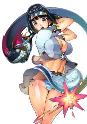 Rule 34 | 1girl, ancient princess menace, bad id, bad pixiv id, black hair, blue eyes, blue panties, blue shirt, blue skirt, breasts, cleavage, clothes lift, covered erect nipples, f.s., hitting, large breasts, looking at viewer, menace (queen&#039;s blade), menace (queen's blade), midriff, miniskirt, navel, no bra, open mouth, panties, queen&#039;s blade, shirt, short sleeves, side-tie panties, simple background, skirt, skirt lift, solo, string panties, striped clothes, striped panties, thighs, underwear, visor cap, white background