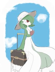Rule 34 | 1girl, arm at side, artist name, blue sky, bob cut, border, closed mouth, clothed pokemon, cloud, colored skin, creatures (company), day, dot mouth, emofuru (vktd5442), female focus, flat chest, full body, game freak, gardevoir, gen 3 pokemon, green hair, green skin, hair over one eye, hat, jewelry, looking up, multicolored skin, necklace, nintendo, one eye covered, outdoors, outside border, pokemon, pokemon (creature), red eyes, rolling suitcase, short hair, signature, sitting, sky, solo, suitcase, sun hat, two-tone skin, white border, white hat, white skin