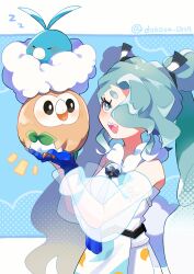 Rule 34 | 1girl, :d, absurdres, bird, blue eyes, blue gloves, blue hair, closed eyes, commentary request, creatures (company), detached sleeves, dokosa hekisa, double bun, flying miku (project voltage), game freak, gen 3 pokemon, gen 7 pokemon, gloves, hair bun, hair over one eye, hands up, hatsune miku, highres, holding, holding pokemon, long hair, looking at another, nintendo, open mouth, pokemon, pokemon (creature), pokemon on arm, project voltage, rowlet, see-through, see-through sleeves, sleeping, smile, swablu, twintails, twitter username, very long hair, vocaloid, wind chime, zzz