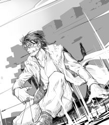 Rule 34 | 1boy, arrow (projectile), axe, between fingers, coat, cuts, facial hair, fate (series), foot out of frame, fur-trimmed coat, fur trim, glasses, greyscale, hand on ground, heki0529, holding, holding arrow, injury, looking ahead, magic, male focus, mehmed ii (fate), monochrome, mouth hold, open clothes, open coat, open collar, pants, planted, planted axe, planted sword, planted weapon, shirt, short hair, sitting, solo, stubble, sword, teeth, thumb ring, wall, weapon