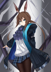 Rule 34 | 1girl, amiya (arknights), animal ears, arknights, ascot, black jacket, blue eyes, blue skirt, brown hair, brown pantyhose, cowboy shot, dated, highres, hood, hood down, hooded jacket, jacket, jewelry, long hair, looking at viewer, miniskirt, open clothes, open jacket, pantyhose, parted lips, plaid, plaid skirt, ponytail, rabbit ears, ring, shirt, signature, skirt, solo, twitter username, unel, white shirt