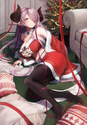 Rule 34 | 1girl, absurdres, armchair, bare shoulders, black pantyhose, blacktail hihi, blue eyes, breasts, chair, christmas, christmas tree, cleavage, closed mouth, detached collar, draph, granblue fantasy, hair over one eye, highres, horns, indoors, large breasts, light purple hair, light smile, long hair, looking at viewer, lying, narmaya (granblue fantasy), on side, pantyhose, red ribbon, red skirt, ribbon, santa costume, skirt, smile, solo, very long hair