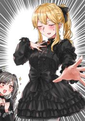 Rule 34 | + +, 2girls, alternate costume, alternate hairstyle, black bow, black choker, black dress, black ribbon, blonde hair, blush, bow, breasts, choker, clarice (idolmaster), clenched hands, closed eyes, cowboy shot, dress, dress bow, drill hair, emphasis lines, frilled dress, frills, gothic lolita, grey hair, hair bow, hair ribbon, hand on own chest, hands up, idolmaster, idolmaster cinderella girls, idolmaster cinderella girls starlight stage, kanzaki ranko, layered dress, lolita fashion, long hair, long sleeves, looking at another, medium breasts, multiple girls, namiko817, open hand, open mouth, puffy long sleeves, puffy sleeves, reaching, reaching towards viewer, red brooch, red eyes, ribbon, sidelocks, smile, sparkle, standing, twin drills, twintails, v-shaped eyebrows
