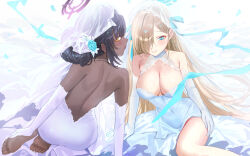 Rule 34 | 2girls, alternate costume, ass, asuna (blue archive), barefoot, black hair, blue archive, blue eyes, blue halo, breasts, cleavage, commentary, covered navel, dark-skinned female, dark skin, dress, elbow gloves, gloves, hair over one eye, halo, haruri, highres, karin (blue archive), large breasts, light brown hair, long hair, mole, mole on breast, multiple girls, purple halo, toes, wedding dress, white dress, white gloves, yellow eyes