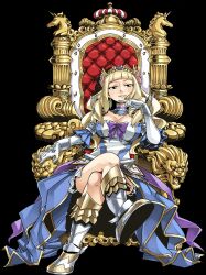Rule 34 | 1girl, blonde hair, blue dress, boots, bow, breasts, cleavage, crossed legs, dress, dress bow, earrings, elbow gloves, euphoria (gate of nightmares), frilled gloves, frills, full body, gate of nightmares, gloves, green eyes, highres, jewelry, knee boots, large breasts, long hair, looking at viewer, mashima hiro, official art, purple bow, simple background, sitting, solo, throne, tiara, transparent background, two-tone dress, white dress