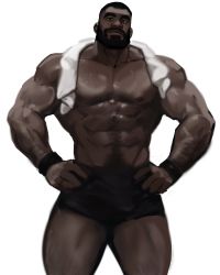 Rule 34 | 1boy, abs, bara, beard, biceps, black hair, boxers, dark-skinned male, dark skin, dopey (dopq), facial hair, feet out of frame, hairy, hand on own hip, highres, large pectorals, looking at viewer, male focus, male underwear, manly, mature male, muscular, muscular male, nipples, original, pectorals, short hair, simple background, smile, solo, sweat, sweatdrop, thick arms, thick eyebrows, thick thighs, thighs, towel, towel around neck, underwear, white background, wristband