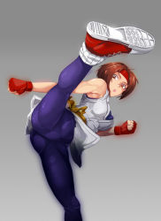 Rule 34 | 1girl, ass, breasts, brown eyes, brown hair, commentary request, fingerless gloves, ghgnvm, gloves, headband, high kick, highres, kicking, legs, looking at viewer, pelvic curtain, ryuuko no ken, shoes, short hair, simple background, sneakers, snk, socks, solo, spandex, the king of fighters, tomboy, upskirt, view between legs, yuri sakazaki