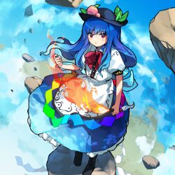 Rule 34 | 1girl, black footwear, black hat, blue hair, blue skirt, blush, boots, buttons, closed mouth, collared shirt, fruit hat ornament, hat, hat ornament, hinanawi tenshi, holding, holding sword, holding weapon, kaigen 1025, long hair, peach hat ornament, puffy short sleeves, puffy sleeves, red eyes, shirt, short sleeves, skirt, solo, standing, sword, sword of hisou, touhou, weapon, white shirt
