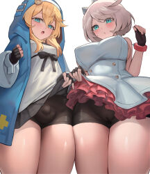 Rule 34 | 2girls, absurdres, ahoge, aqua eyes, bike shorts, bike shorts under skirt, black gloves, black shorts, blonde hair, blush, bracelet, breasts, bridget (guilty gear), bulge, cameltoe, cleft of venus, collar, commentary request, covered penis, covered testicles, cowboy shot, dress, elphelt valentine, fingerless gloves, frilled dress, frills, gloves, guilty gear, guilty gear strive, habit, hairband, hakusyokuto, highres, hood, hood up, hooded jacket, hoodie, huge ahoge, jacket, jewelry, large breasts, long sleeves, looking at viewer, medium hair, multiple girls, open clothes, open hoodie, open mouth, paid reward available, pink dress, pink hairband, puffy long sleeves, puffy sleeves, short hair, shorts, sideboob, spiked bracelet, spiked collar, spiked hairband, spikes, thick thighs, thighs, trans woman, transgender, two-tone dress, white dress, white hair