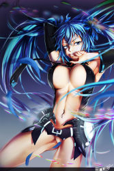 Rule 34 | 1girl, aqua eyes, aqua hair, armpits, arms up, breasts, center opening, convenient censoring, covered erect nipples, detached sleeves, eru-sennin, feathers, hatsune miku, highres, large breasts, long hair, navel piercing, necktie, no panties, piercing, solo, twintails, very long hair, vocaloid