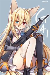 Rule 34 | 1girl, animal ears, asymmetrical legwear, black footwear, black thighhighs, blue background, blue eyes, blush, closed mouth, g41 (girls&#039; frontline), gauntlets, girls&#039; frontline, gun, h&amp;k g41, hair between eyes, head tilt, heterochromia, holding, holding gun, holding weapon, long hair, looking at viewer, low-tied long hair, low twintails, mauve, mismatched legwear, name connection, object namesake, red eyes, shoes, sitting, smile, solo, thighhighs, twintails, twitter username, very long hair, weapon, white thighhighs