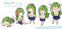 Rule 34 | 1girl, barefoot, blouse, blue skirt, breasts, cake, cake slice, character name, chibi, closed eyes, closed mouth, collared shirt, commentary request, cookie (touhou), cross, detached sleeves, facepaint, food, frog hair ornament, fruit, full body, green hair, haiperion buzan, hair between eyes, hair ornament, hair tubes, highres, holding, holding microphone, holding plate, kochiya sanae, large breasts, long hair, lying, microphone, on stomach, open mouth, paseri (cookie), plate, shirt, skirt, sleeveless, sleeveless shirt, smile, snake hair ornament, star (symbol), strawberry, strawberry shortcake, the pose, touhou, white shirt, | |