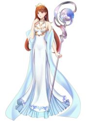 Rule 34 | 1girl, breasts, brown hair, dress, earrings, full body, grace1314, hand up, holding, holding staff, jewelry, original, princess, purple eyes, simple background, small breasts, solo, staff, standing, tiara, white background, white dress