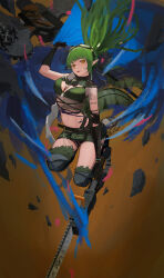 Rule 34 | 1girl, absurdres, arknights, belt, black gloves, bracelet, breasts, canteen, chainsaw, cleavage, crocodilian tail, crop top, elbow gloves, floating hair, gavial (arknights), gavial the invincible (arknights), gloves, goggles, goggles on head, green eyes, green shorts, green thighhighs, highres, holding, holding chainsaw, jewelry, long hair, material growth, navel, necklace, open mouth, orange background, oripathy lesion (arknights), pointy ears, ponytail, pouch, respirator, short shorts, shorts, sidelocks, small breasts, smile, solo, tail, thighhighs, yakupan, yellow eyes