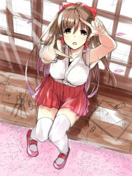 Rule 34 | 1girl, alternate costume, bad id, bad pixiv id, blush, bow, breasts, brown eyes, female focus, finger frame, from above, hair bow, hair tubes, hakurei reimu, hrk173, large breasts, long hair, looking at viewer, open mouth, sitting, sketch, skirt, solo, thighhighs, touhou, very long hair, white thighhighs